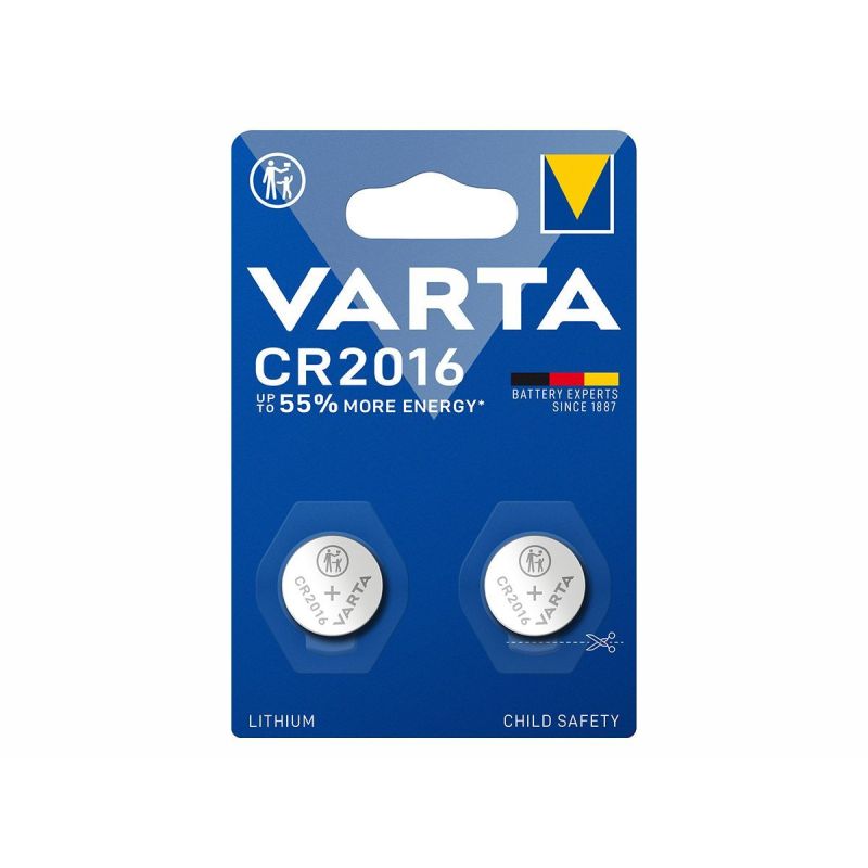 Batteria VARTA CR2016,  2 pile in Litio a Bottone, Piatta, Specialistica, 3 Volts, Diametro 20mm, Altezza 1,6mm