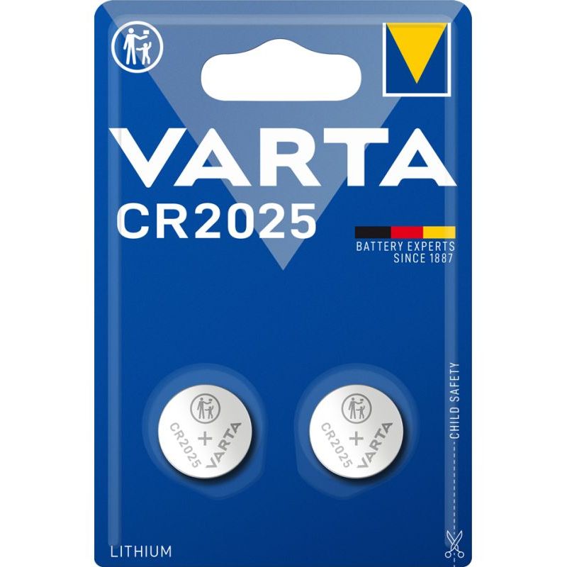 Batteria VARTA CR2025,  2 pile in Litio a Bottone, Piatta, Specialistica, 3 Volts, Diametro 20mm, Altezza 1,6mm