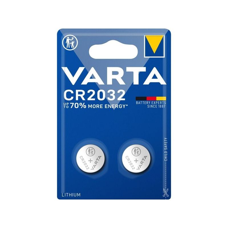 Batteria VARTA CR2032,  2 pile in Litio a Bottone, Piatta, Specialistica, 3 Volts, Diametro 20mm, Altezza 1,6mm