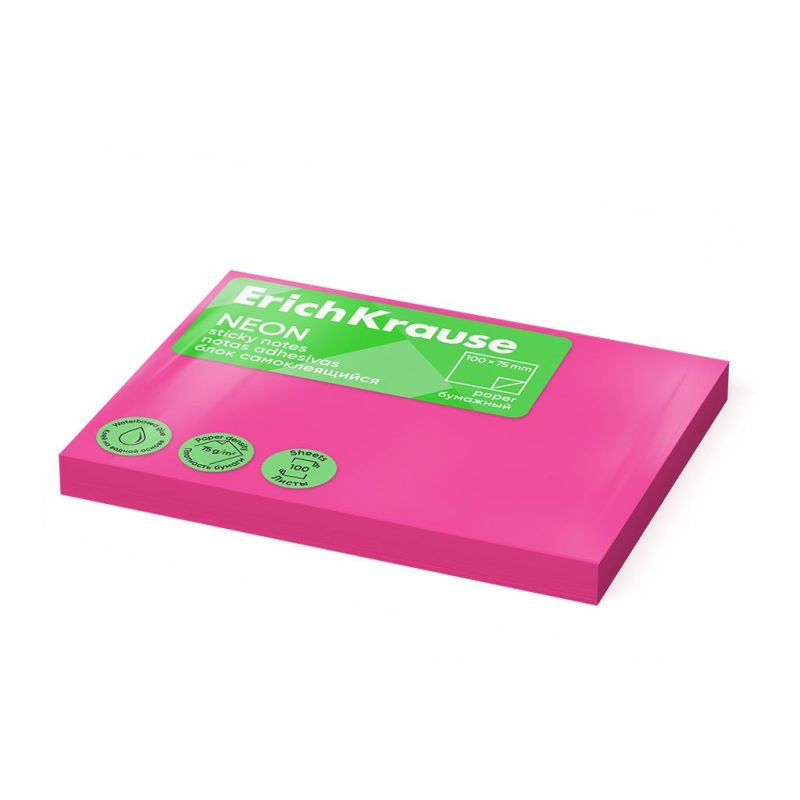 Post it - Sticky notes ErichKrause 100х75 mm, 100 fogli, Rosa Fluo