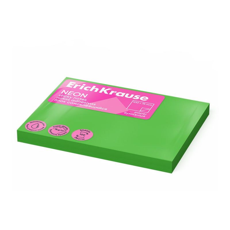 Post it - Sticky notes ErichKrause 100Ñ…75 mm, 100 fogli, Verde Fluo