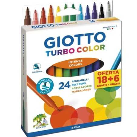 Giotto Turbo Color Confezione da 24 Pennarelli - Punta Fine 2,8 mm - Lavabili - Colori Assortiti