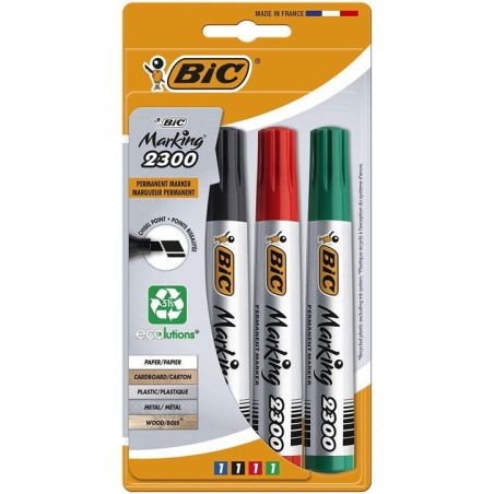 Bic Marking 2300 Confezione da 4 Pennarelli Indelebili - Punta a Scalpello - Ecologici - Colori Assortiti