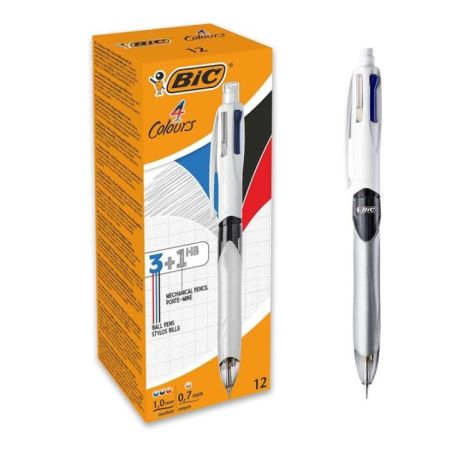 BIC 4 Colori Penne a Sfera a Scatto 3 Colori + 1 Matita Mine HB da 0.7 mm