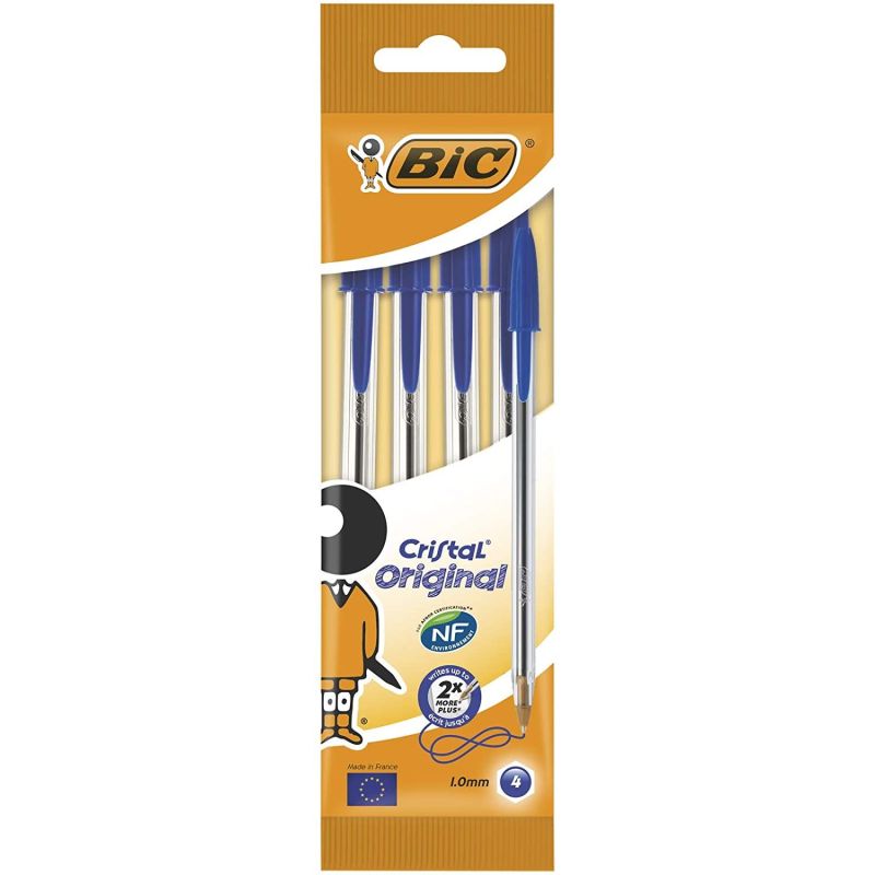 Confezione Originale Bic Cristal da 4 Penne a Sfera - Inchiostro a Base di Olio - Colore Blu