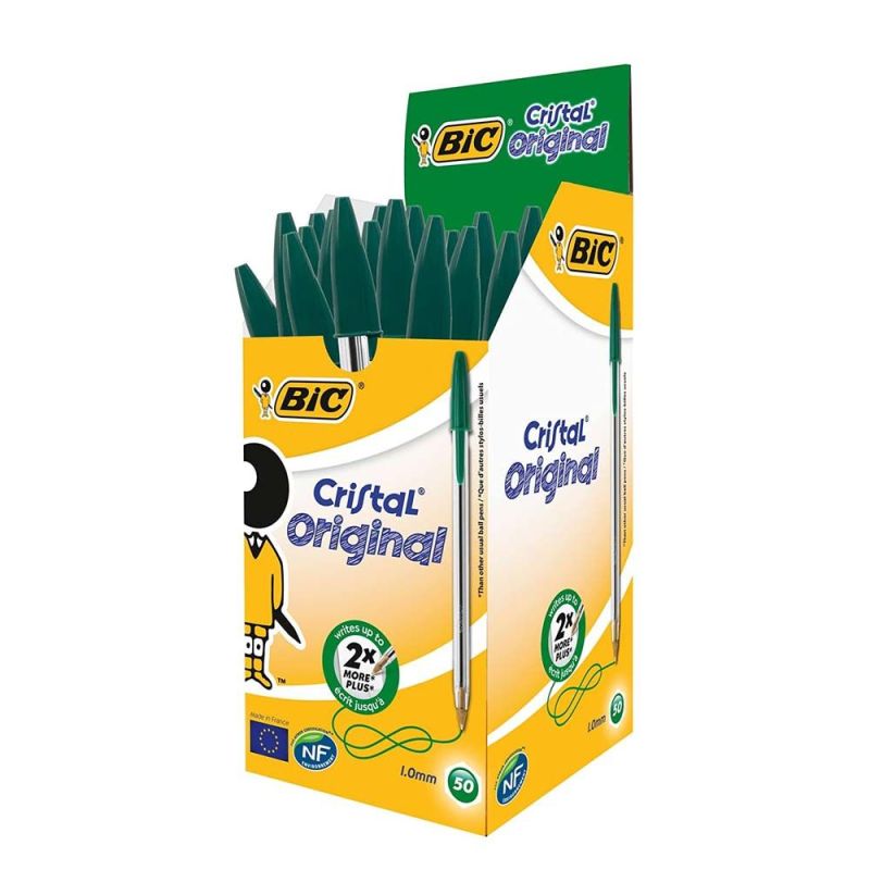 BIC Penne Verdi a Sfera, Cristal Original, Punta Media, 1 mm, Confezione da 50 Penne